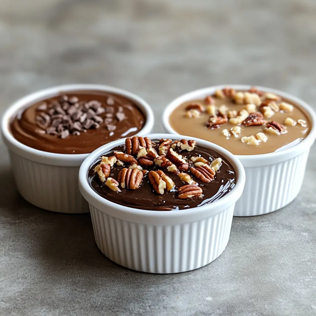 Three Crockpot Pumpkin Lava Cake variations in white ramekins with chocolate and caramel toppings.