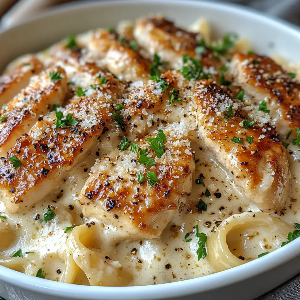 Garlic Parmesan Chicken Pasta topped with parmesan and parsley in a white bowl.