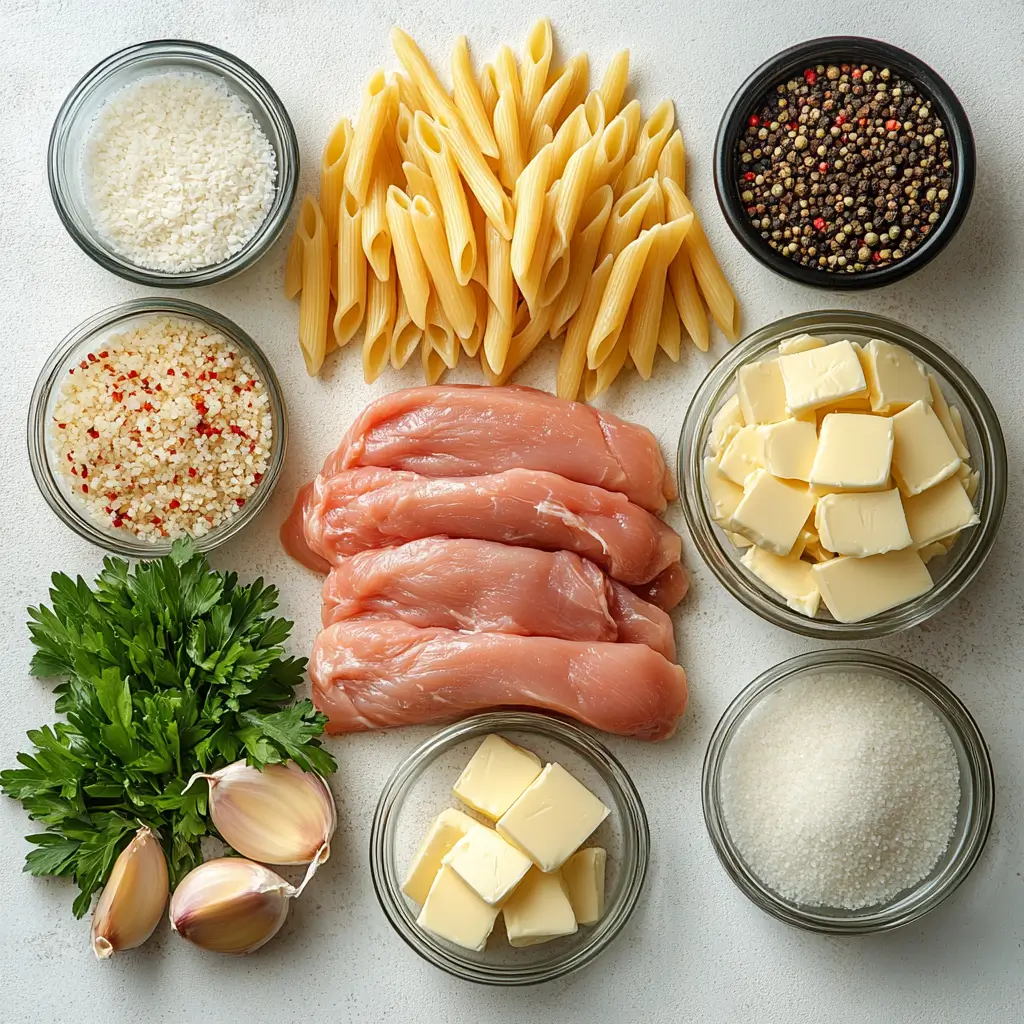 Ingredients for Garlic Parmesan Chicken Pasta arranged neatly on a white background.