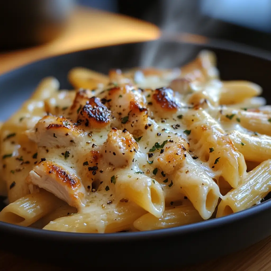 Creamy garlic parmesan sauce coating penne pasta and chicken slices.