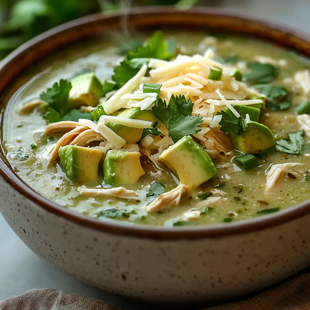 Creamy Green Enchilada Chicken Soup with avocado, cilantro, and melted cheese in a white bowl.