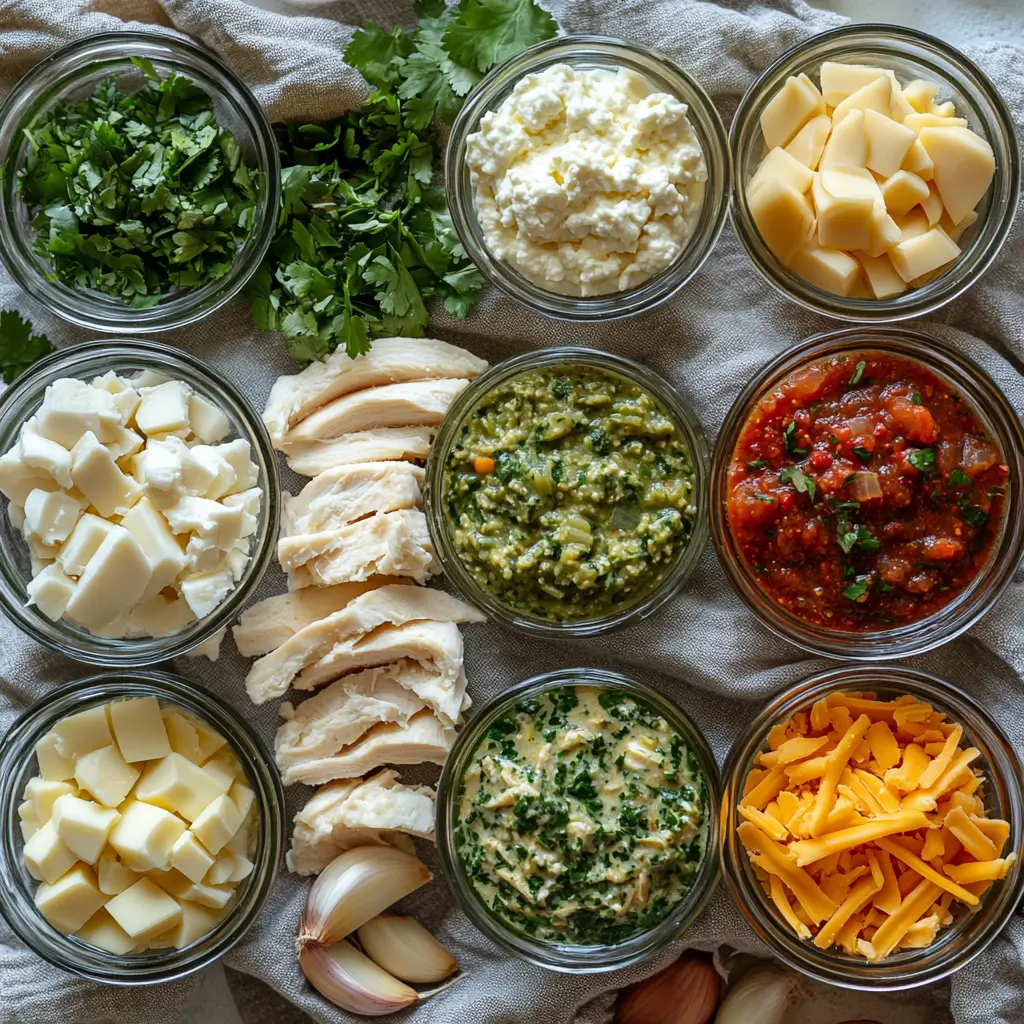Chicken, enchilada sauce, and cheese ingredients for Green Enchilada Chicken Soup on a white surface.
