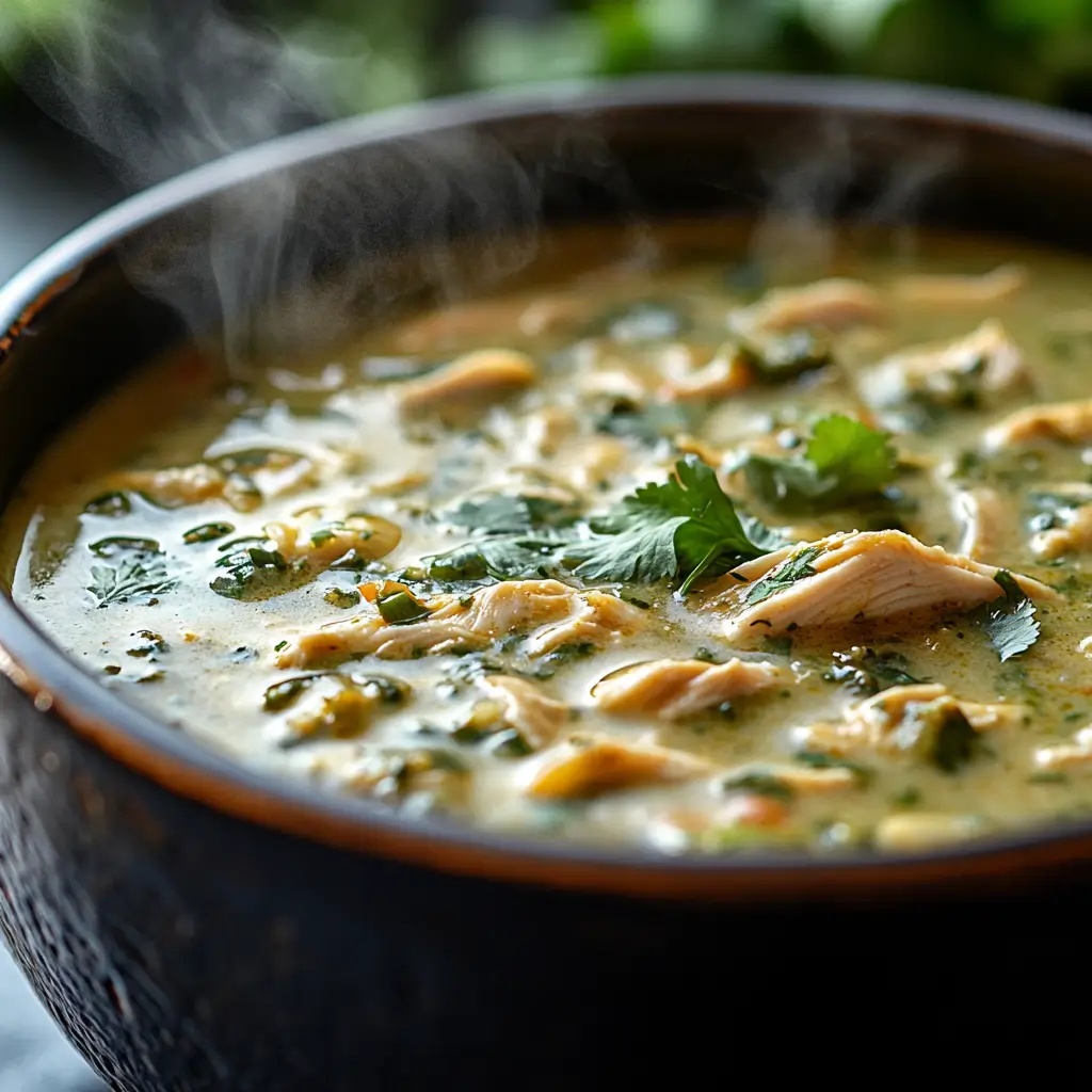 Bubbling Green Enchilada Chicken Soup with melted cheese and chicken pieces.
