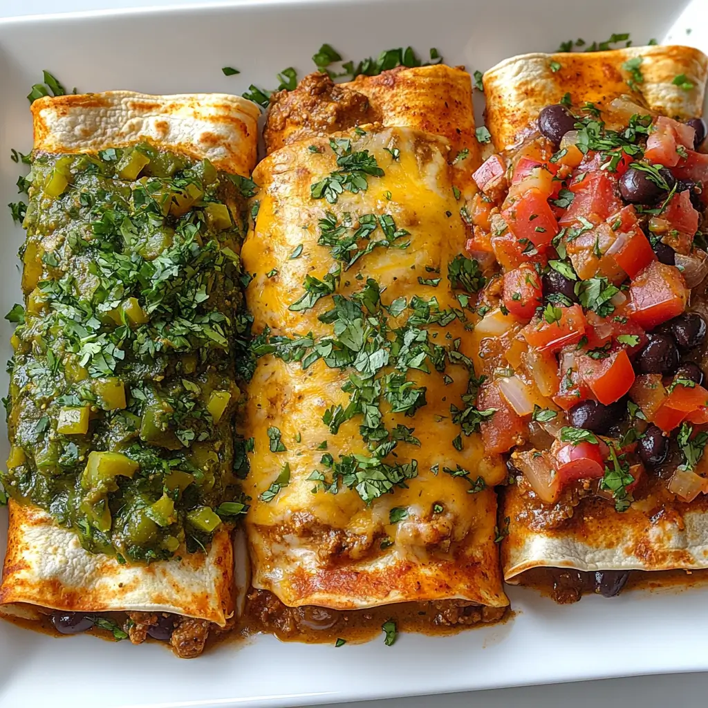 Three plated versions of Lazy Enchiladas with red, green, and spicy beef sauces.