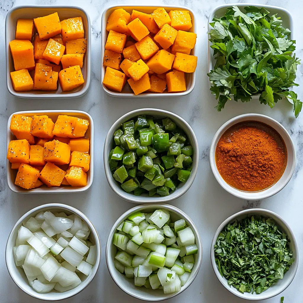Pumpkin, green chilies, spices, and beans arranged on a white background for chili prep.