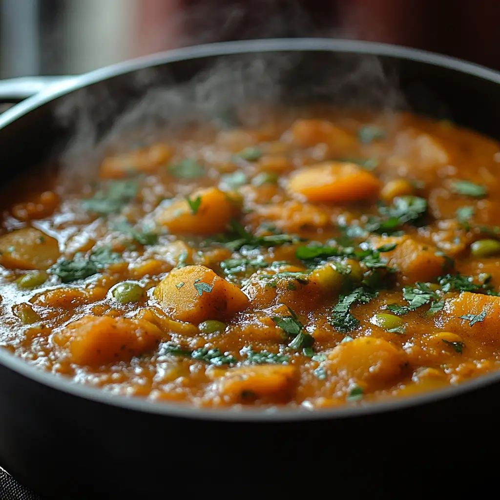 Bubbling Pumpkin Green Chili with pumpkin chunks and green chilies simmering in a pot.