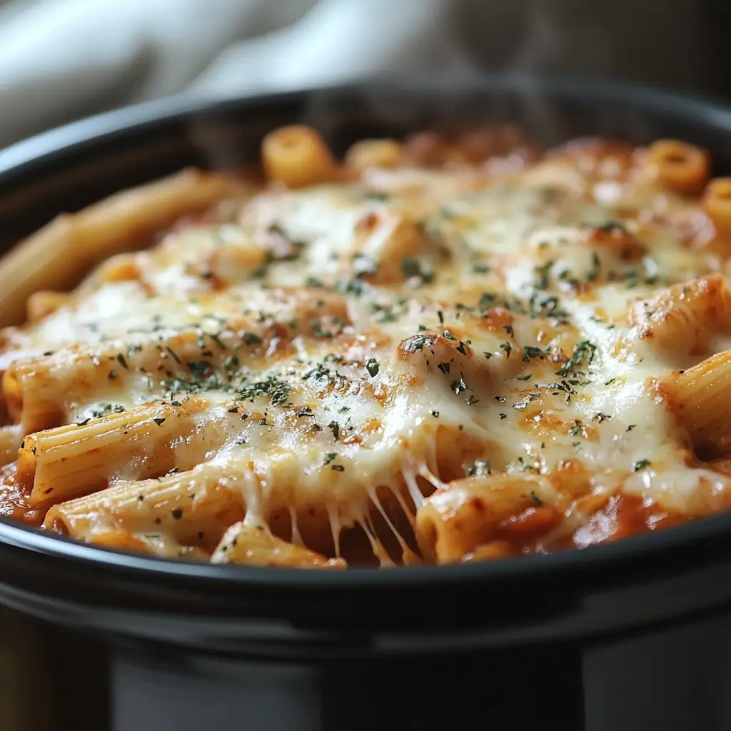 Layered ziti, sauce, and cheese inside a slow cooker before cooking.