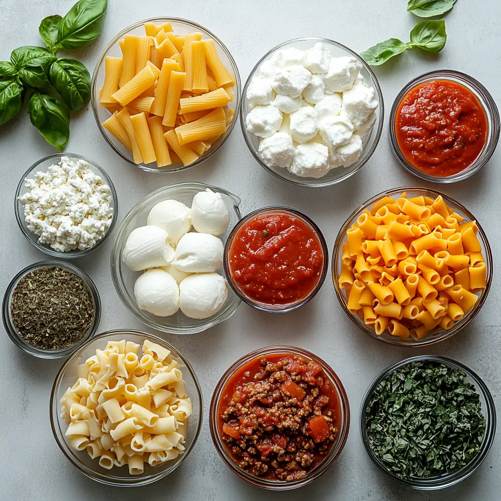 Ziti pasta, cheeses, and marinara sauce ingredients laid out for Crock Pot baked ziti.