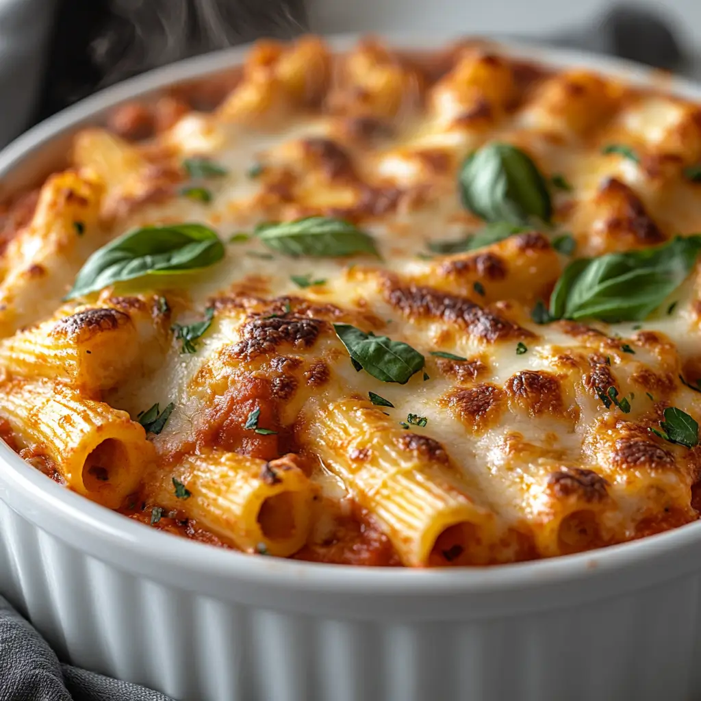 Crock Pot baked ziti with melted mozzarella, ricotta, and marinara sauce in a white bowl.
