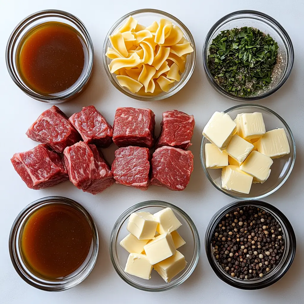 Ingredients for Crockpot beef tips and noodles laid out on a white surface.
