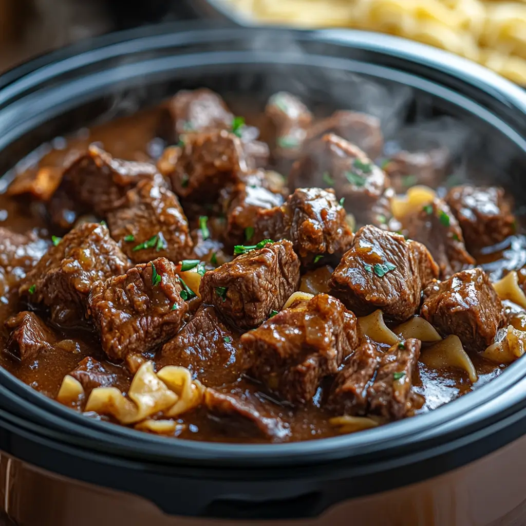 Beef tips simmering in gravy inside a slow cooker with noodles beside.