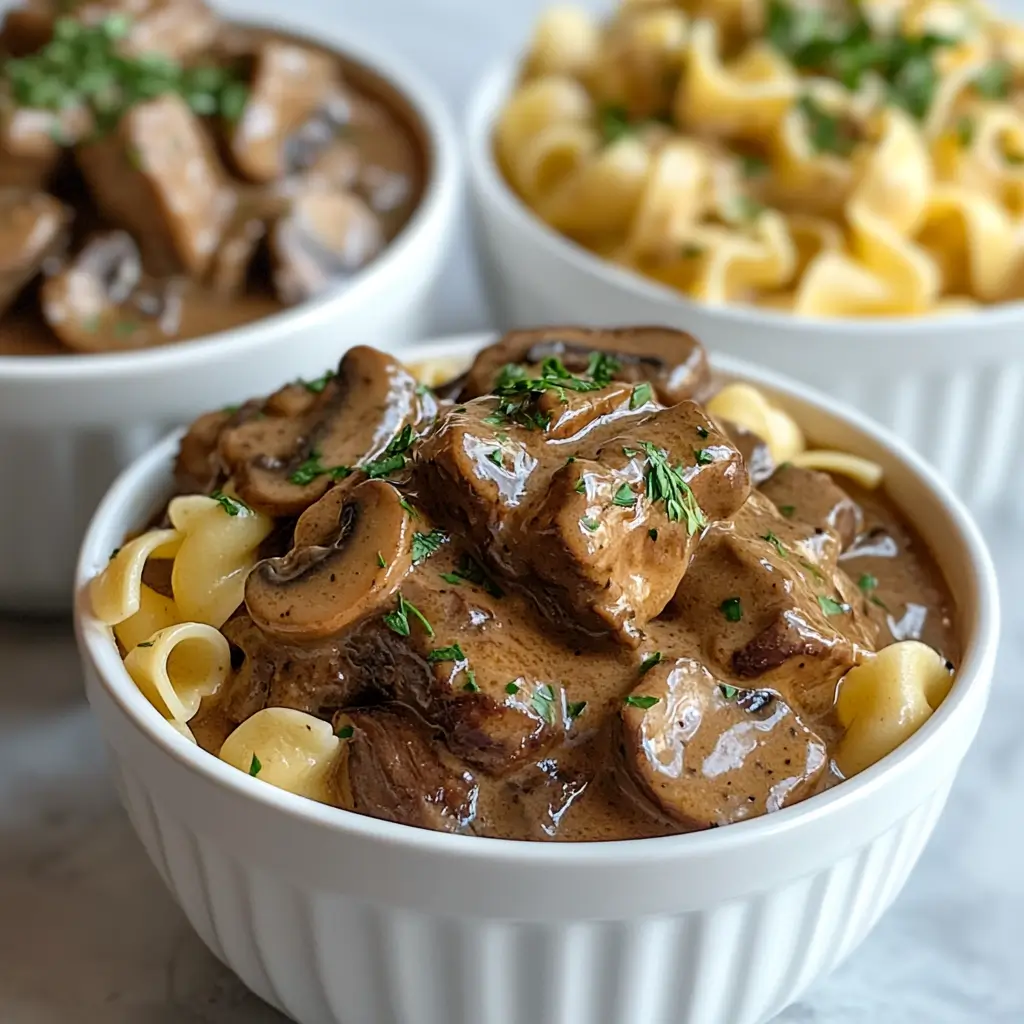 Three plated variations of Crockpot beef tips and noodles with different sauces.
