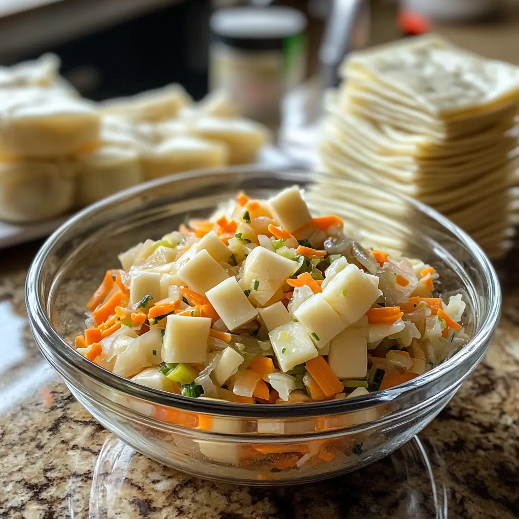 Vegan soup dumpling filling and soup jelly on a kitchen counter.