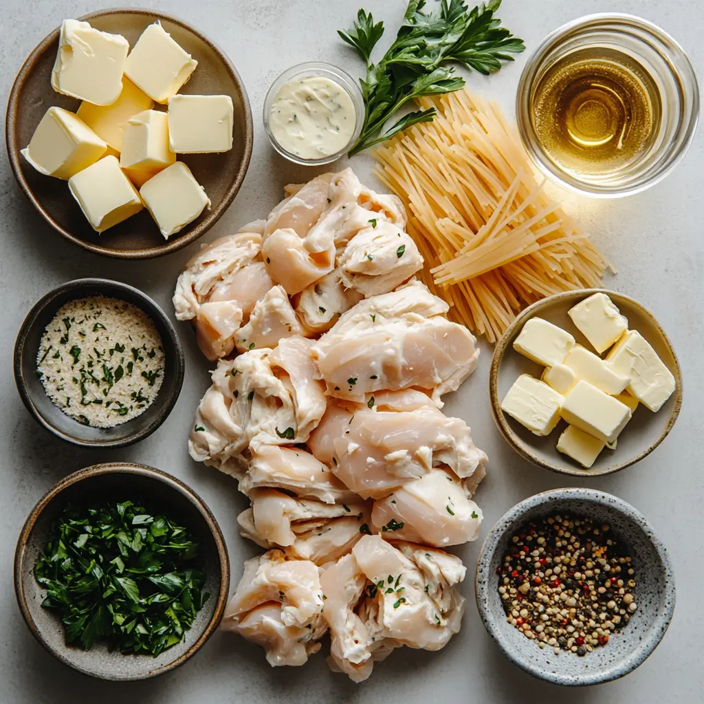 Ingredients for Crockpot Angel Chicken displayed on a clean white background.
