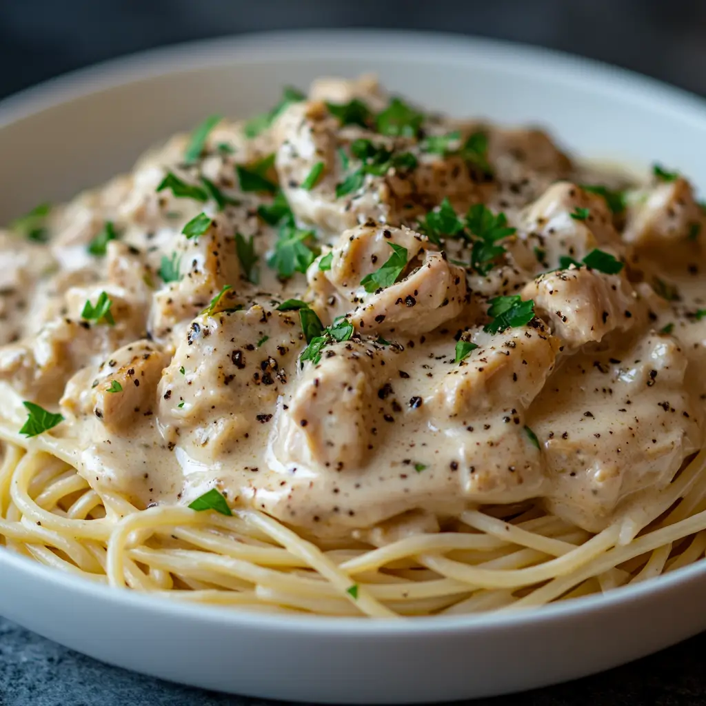 Creamy Crockpot Angel Chicken over angel hair pasta with parsley garnish.