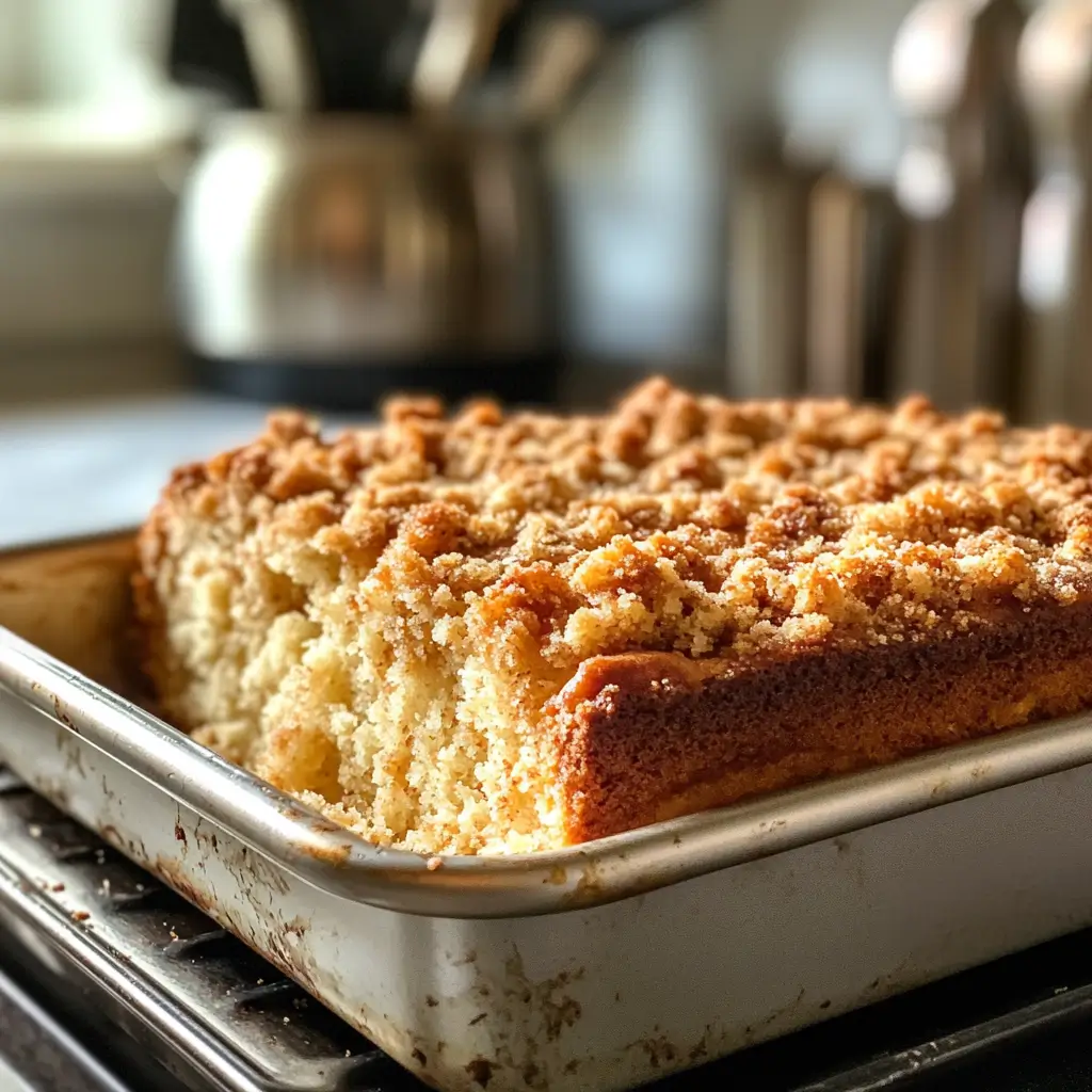 Sourdough coffee cake with streusel topping in a baking pan.