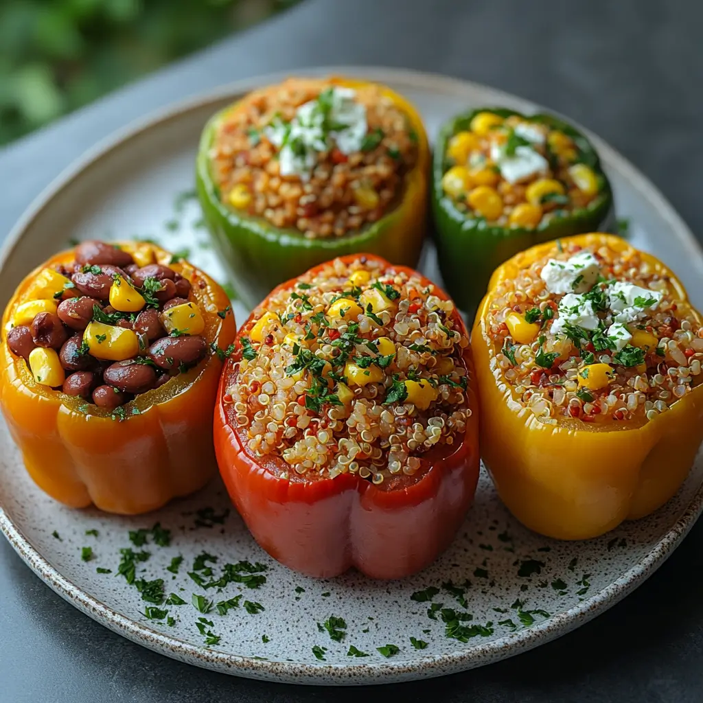 Different versions of stuffed bell peppers with rice, quinoa, and Mediterranean fillings.