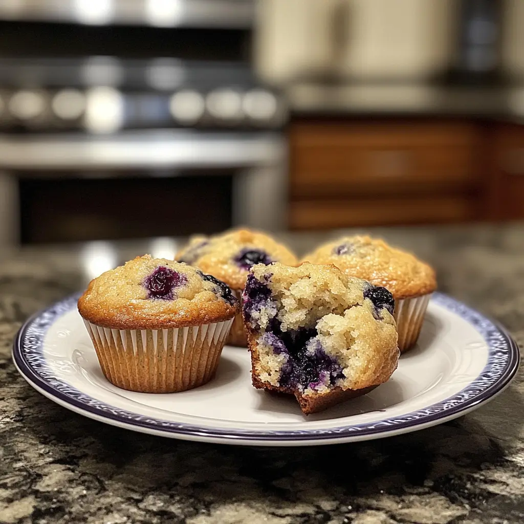 Vegan blueberry muffins on a plate in a kitchen.