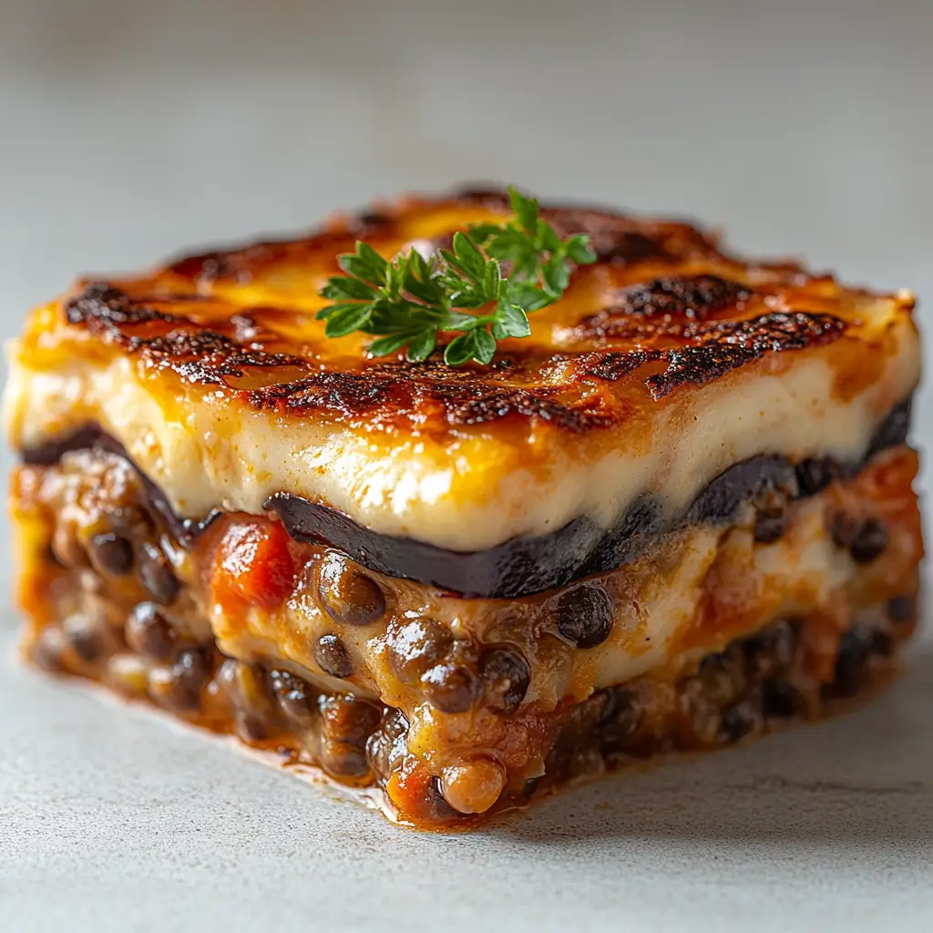 Layered vegetarian moussaka with lentils and creamy béchamel topping on a white surface.