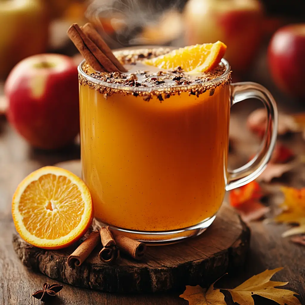 Cinnamon apple cider in a mug with orange slice and cinnamon stick on a wooden table.