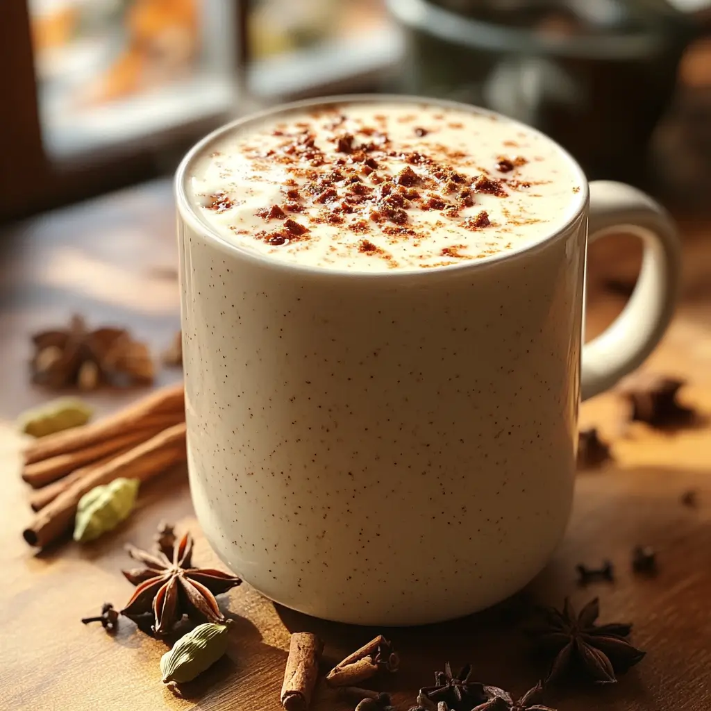 Warm mug of chai spiced almond milk with cinnamon and aromatic spices.