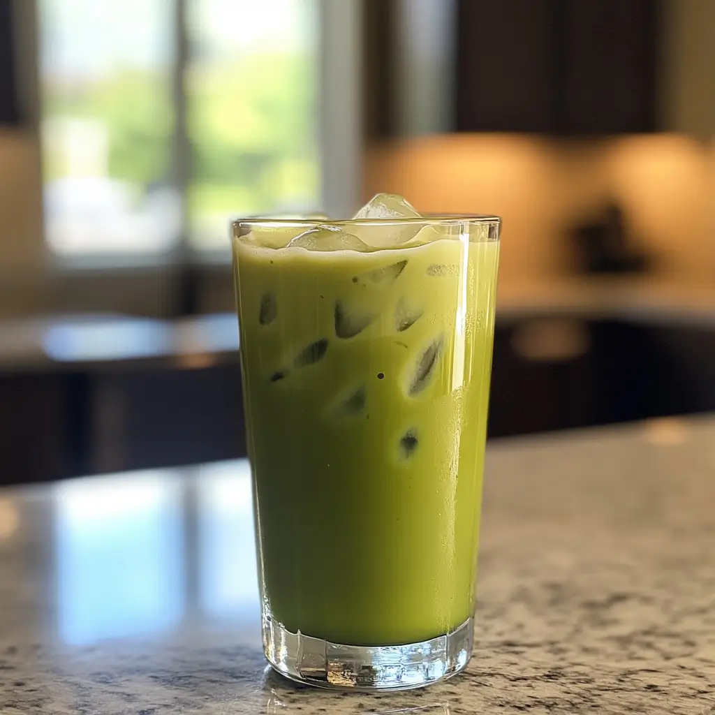 Iced matcha green tea in a clear glass