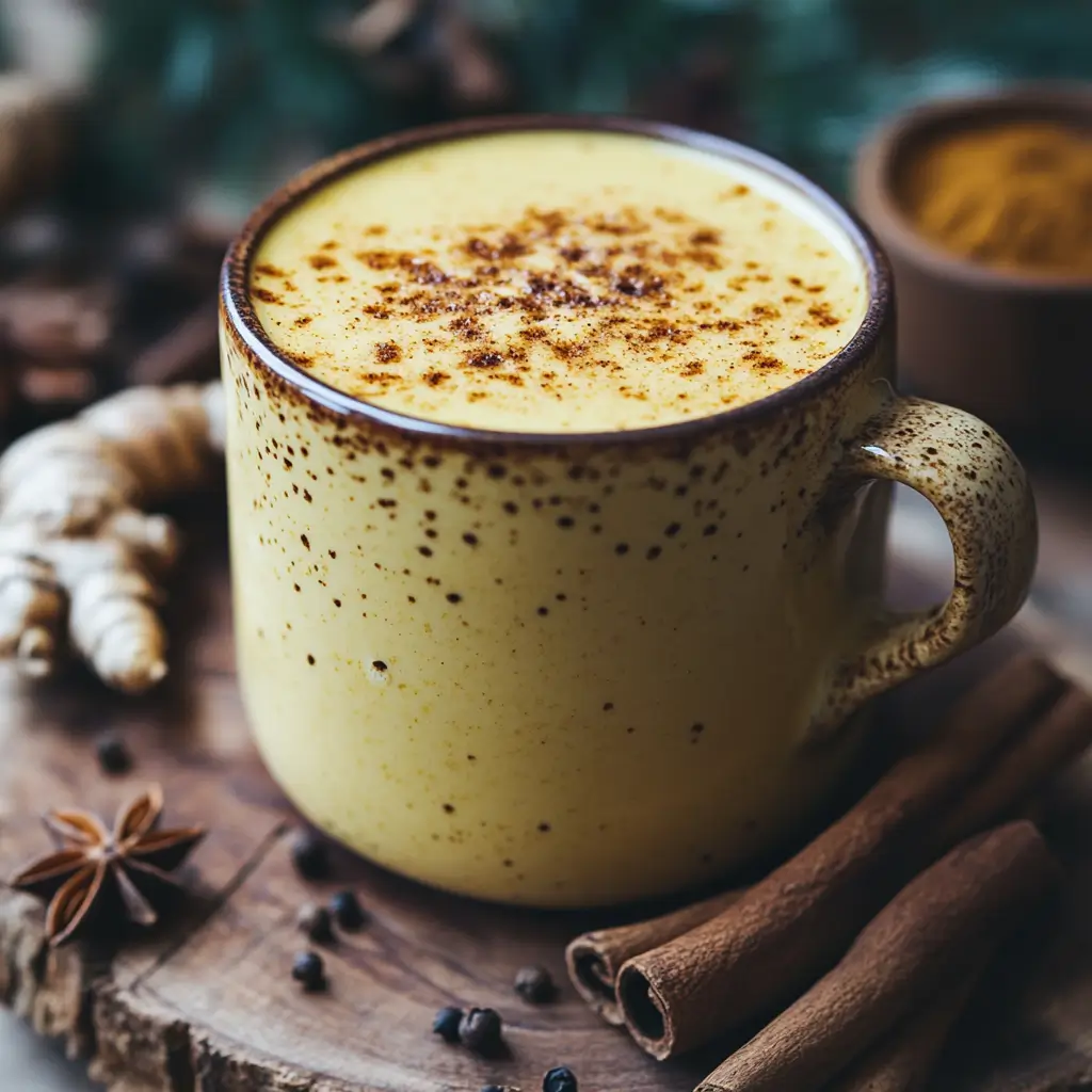 Golden turmeric latte with frothy top and cinnamon on a rustic wooden table.