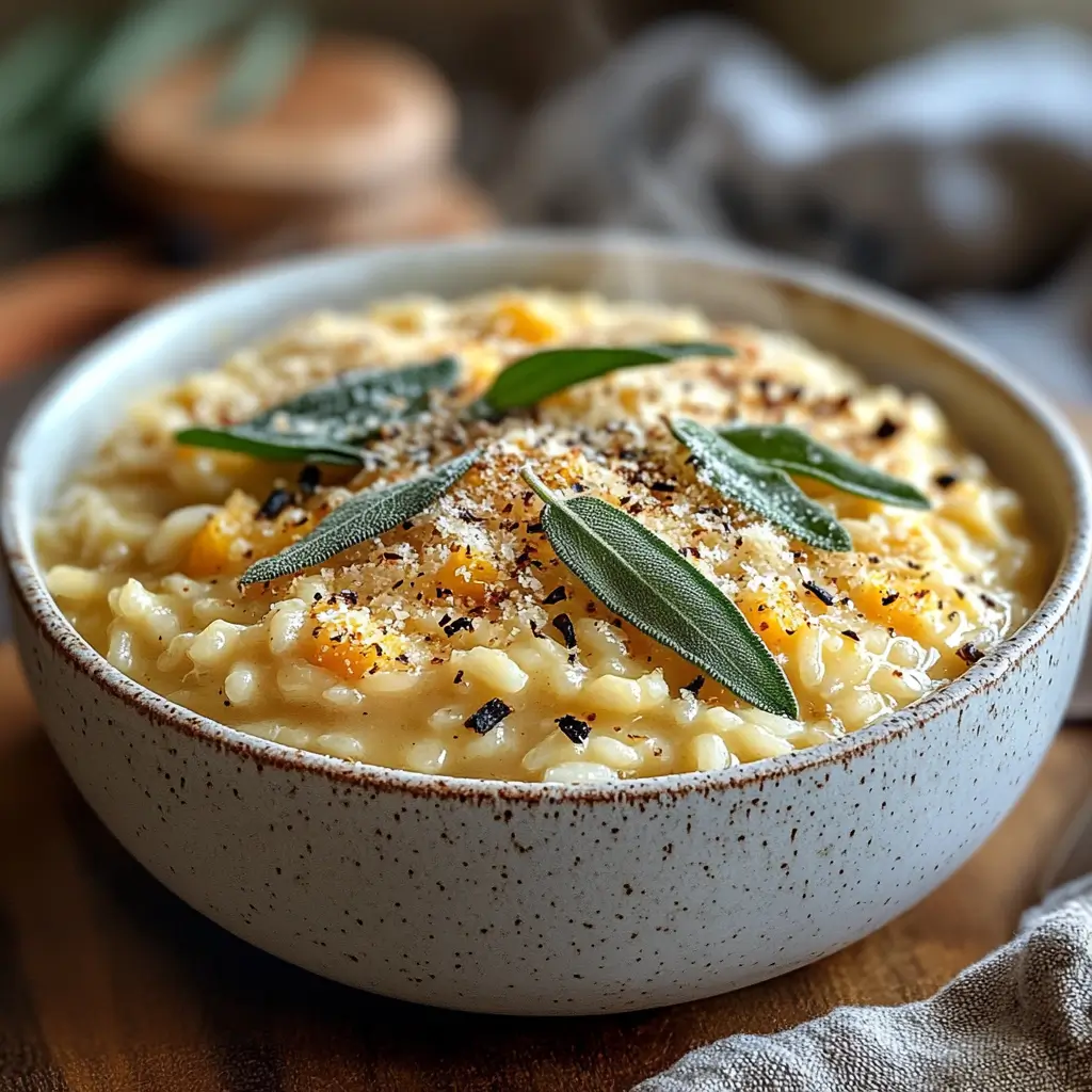 Creamy butternut squash and sage risotto topped with Parmesan and sage leaves.