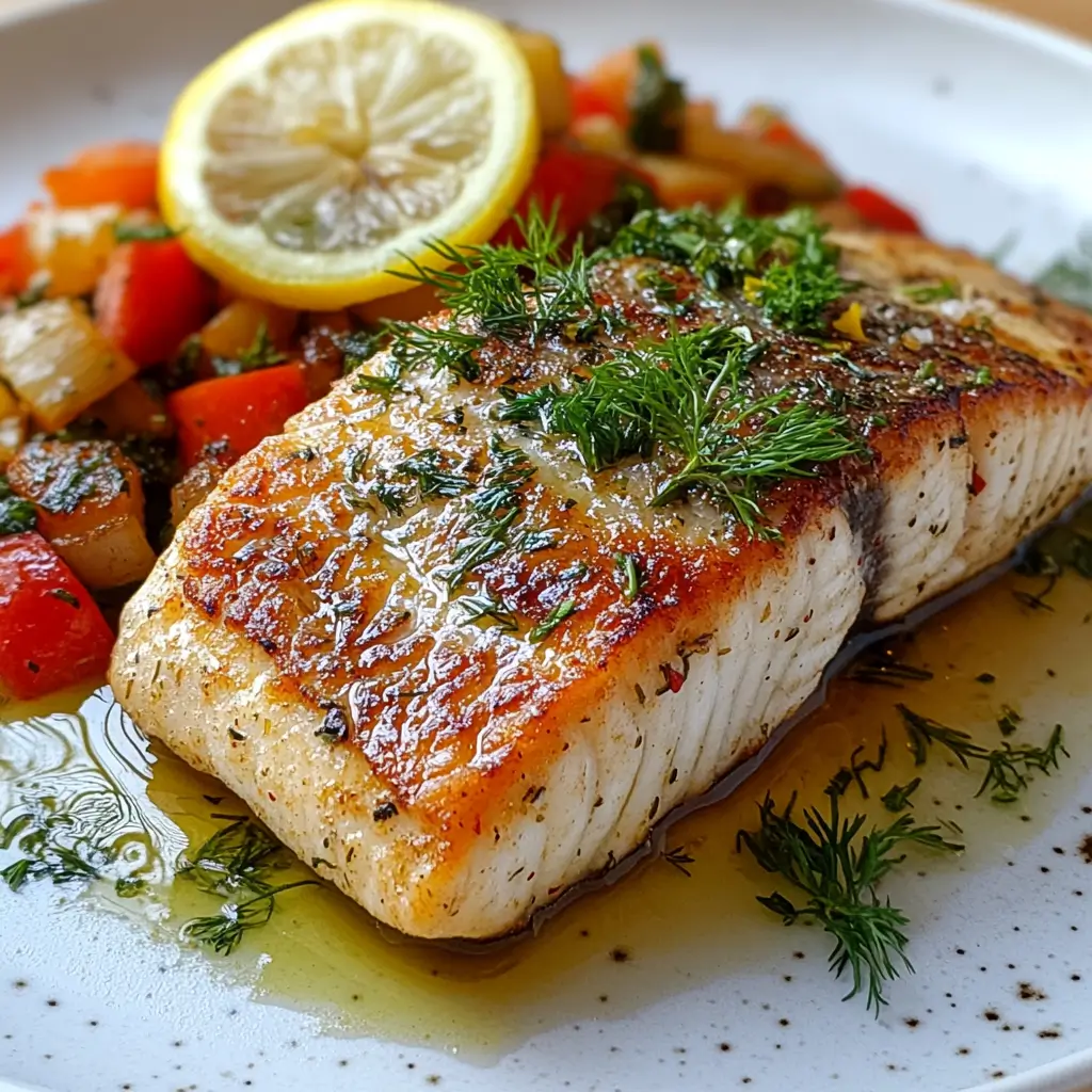 Pan-seared branzino fillet with lemon slices and herbs on a white plate.