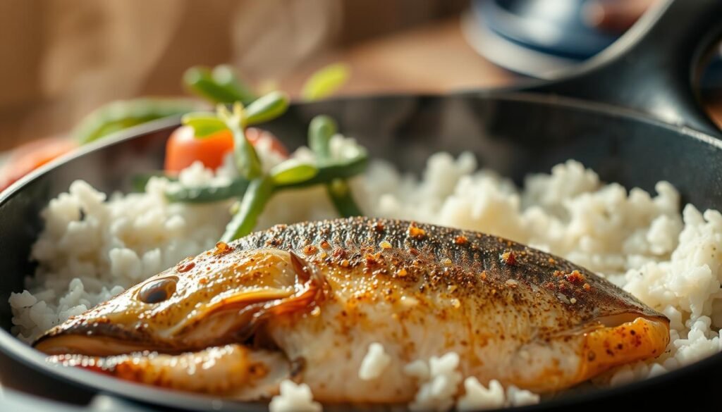 A beautifully lit close-up of fresh smelt fish, delicately seasoned and sizzling in a cast-iron skillet. The fish is golden-brown, the skin crisp, and the flesh flaky and moist. In the background, steaming white rice and a vibrant green vegetable medley set the stage for a classic and comforting homemade meal. Warm, indirect lighting casts a soft, inviting glow, drawing the viewer's eye to the center of the frame. The composition is balanced and visually appealing, capturing the essence of a simple yet delicious smelt fish dish.