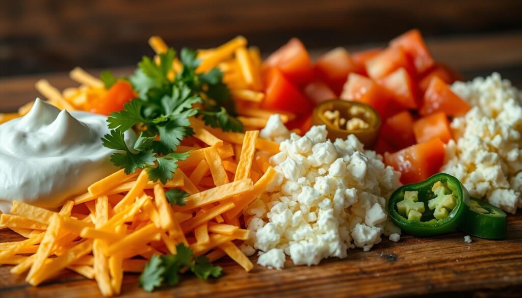 A close-up, high-resolution image of a delightful array of taco soup toppings, arranged artfully on a rustic wood surface. In the foreground, a medley of sour cream, shredded cheddar cheese, crisp tortilla strips, and freshly chopped cilantro. In the middle ground, diced tomatoes, tangy pickled jalapeños, and crumbled queso fresco. The background features a subtle, warm lighting that casts a cozy, inviting atmosphere, highlighting the textures and colors of the tempting toppings. The composition is balanced and visually appealing, capturing the essence of the best taco soup experience.