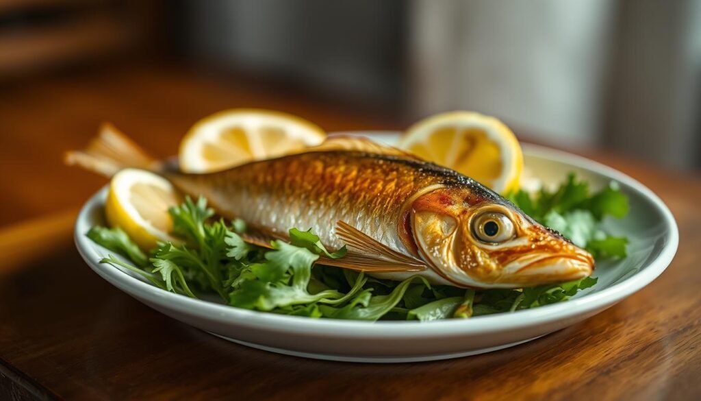 A close-up shot of a plate featuring delightfully crisp and golden-hued smelt fish, resting atop a bed of lightly dressed greens. The fish's skin glistens with a delicate, caramelized crust, hinting at the perfect balance of crunch and tenderness within. Warm, soft lighting illuminates the dish, casting a cozy, inviting glow. The composition is clean and minimalist, allowing the star ingredient to shine. A few lemon wedges nestle beside the fish, their zesty presence promising to elevate the natural sweetness of the smelt. The overall atmosphere evokes a sense of simple, homespun elegance - a dish that is both visually appealing and mouthwateringly tempting.