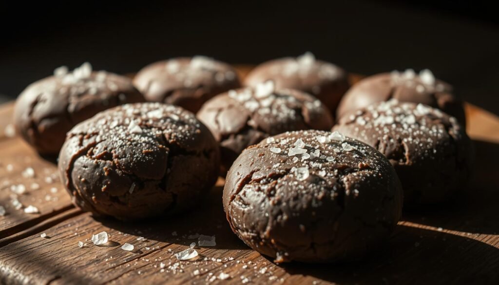 A close-up shot of delicately handcrafted chocolate rice cakes, dusted with flaky sea salt. The cakes have a soft, fluffy texture with a slight crunch from the rice grains and a rich, decadent chocolate flavor. They are arranged on a rustic wooden surface, illuminated by warm, natural lighting that casts gentle shadows, highlighting the intricate details. The composition emphasizes the artisanal nature of the treats, conveying a sense of comfort and indulgence. The overall mood is one of temptation and culinary craftsmanship.