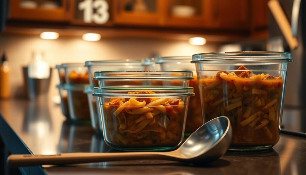A cozy kitchen counter, dimly lit by warm overhead lighting, showcases a collection of glass storage containers filled with savory taco soup. The containers are neatly arranged, their lids tightly sealed, ready for easy refrigeration and reheating. In the foreground, a wooden spoon rests alongside a ladle, hinting at the satisfying task of serving the hearty, flavorful soup. The background features a soft, blurred backdrop, drawing the viewer's attention to the practical and appetizing presentation of the homemade taco soup storage solution.