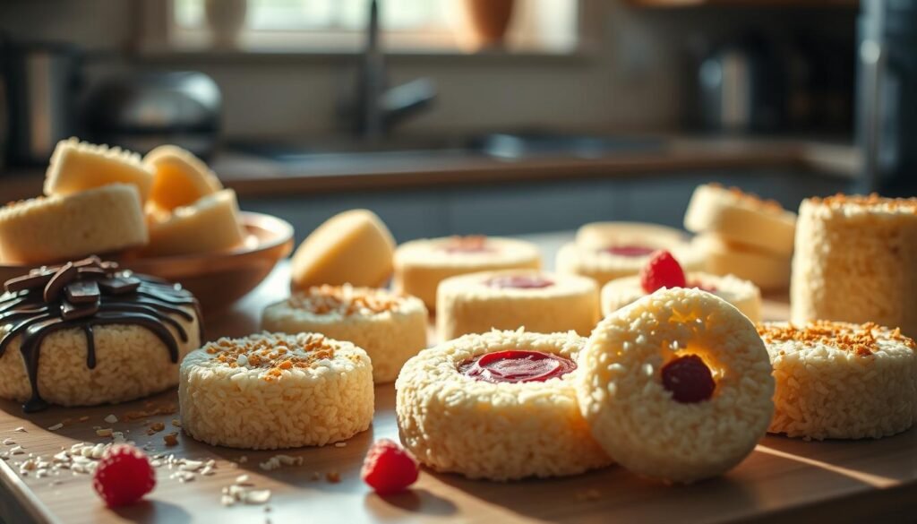 A cozy kitchen countertop with an assortment of delectable rice cakes in various shapes and flavors. The cakes are arranged artfully, some sprinkled with toasted coconut, others drizzled with dark chocolate. A few have a subtle swirl of raspberry puree running through the center. Soft, natural lighting illuminates the scene, casting warm shadows and highlighting the inviting textures. The overall mood is one of homemade comfort and culinary creativity, inviting the viewer to imagine the delicious possibilities of these versatile rice cake variations.