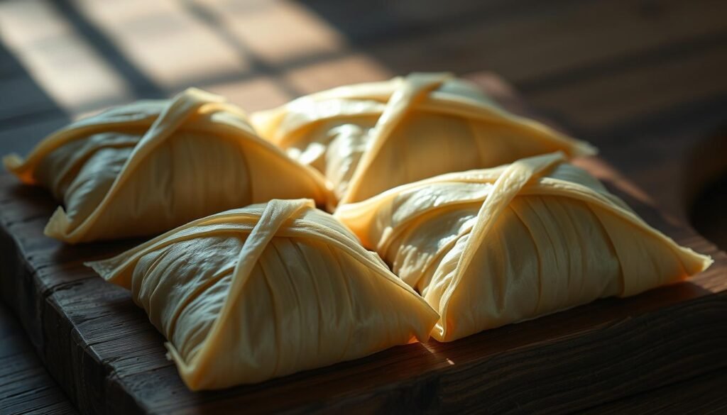 A crisp and golden filo pastry wraps around a succulent fish fillet, the light flaky layers contrasting with the moist tender flesh. The parcels are arranged on a rustic wooden board, their shapes defined by the precise folds and pleats of the filo. Shafts of soft natural light cast warm shadows across the scene, highlighting the intricate textures. The fish parcels are presented simply, allowing their delicate flavors and elegant presentation to take center stage. An inviting and appetite-whetting tableau that captures the secrets of crafting this delicious dish.