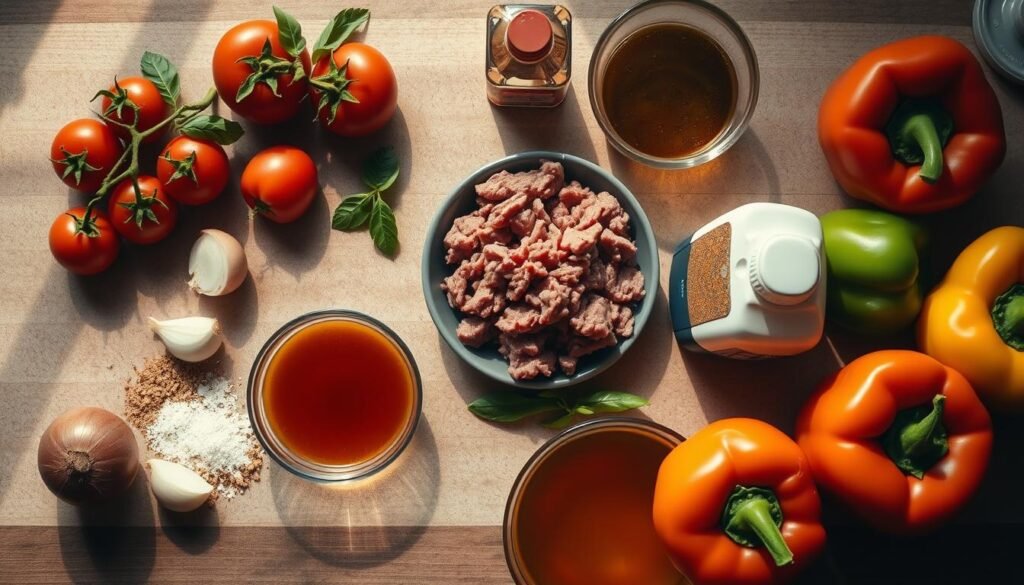 A crisp, well-lit overhead shot of a rustic kitchen countertop, showcasing an array of ingredients for a hearty taco soup: juicy tomatoes, savory ground beef, aromatic onions, zesty taco seasoning, rich broth, and vibrant bell peppers. The items are neatly arranged, casting subtle shadows that add depth and dimension. The lighting is warm and natural, highlighting the textures and colors of the fresh produce. The scene exudes a cozy, homemade atmosphere, inviting the viewer to imagine the delicious taco soup simmering on the stove.