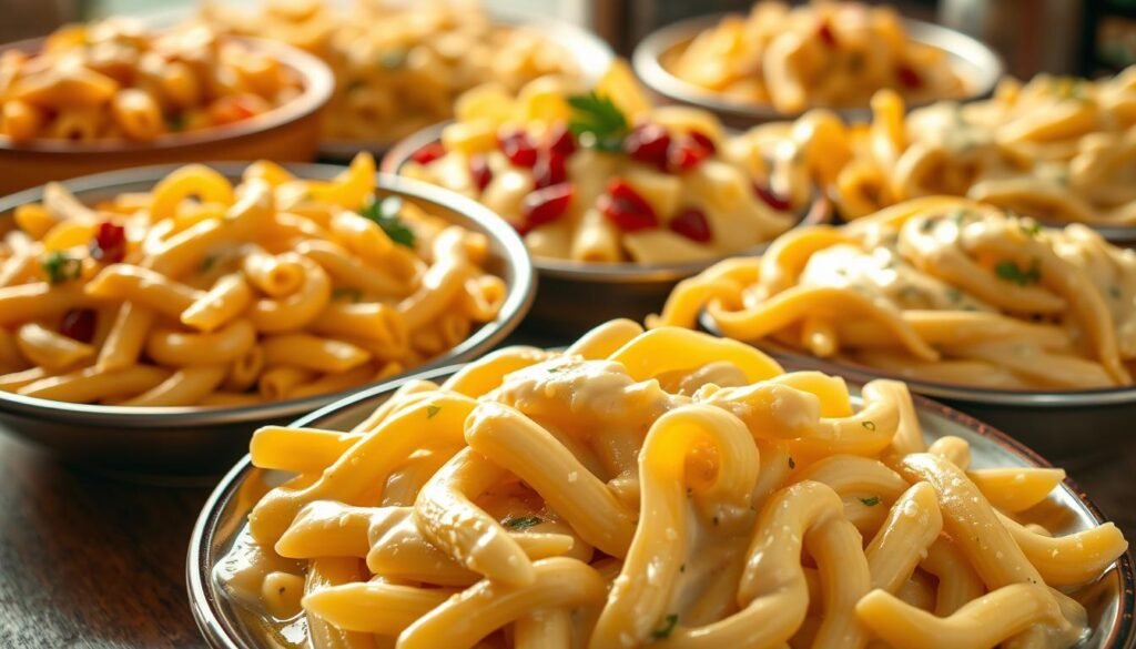 A delectable arrangement of creamy pasta dishes, starring an array of cream cheese-based variations. In the foreground, a steaming plate of penne pasta coated in a lush, silky sauce infused with tangy cream cheese. Alongside, a swirl of fettuccine enveloped in a velvety cheese-enriched alfredo. In the background, a bountiful display of other tempting options, such as a decadent mac and cheese, a vibrant sun-dried tomato and cream cheese fusilli, and a comforting rigatoni in a creamy gorgonzola sauce. The scene is bathed in warm, golden lighting, creating an inviting and mouthwatering atmosphere, perfect for inspiring culinary creativity.