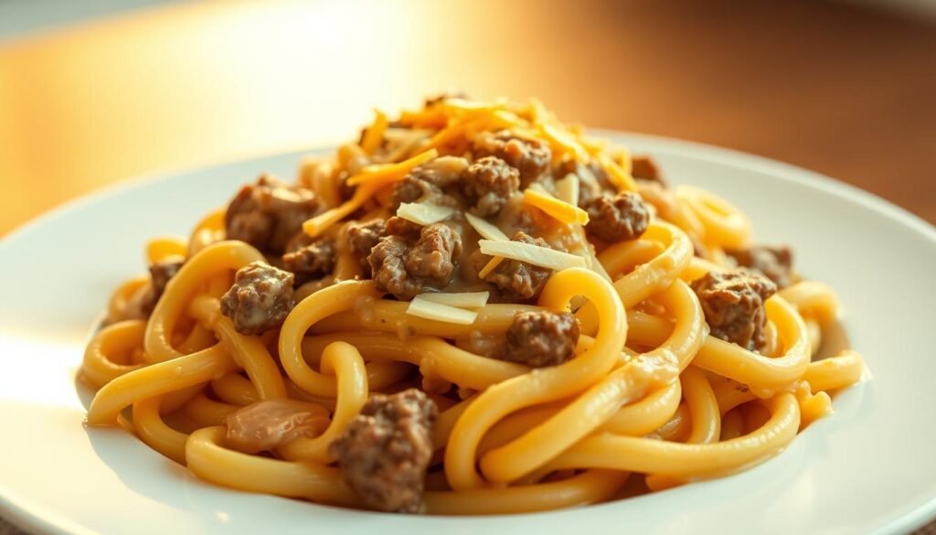 A delectable plate of creamy beef and cheese pasta, the centerpiece of an easy weeknight meal. In the foreground, glistening strands of al dente penne noodles, coated in a velvety sauce of rich beef broth, heavy cream, and tangy cream cheese. Tender chunks of savory ground beef and shredded cheddar cheese intermingle throughout, creating a symphony of flavors. Backlit by warm, golden lighting, casting a comforting glow. The composition is framed by a minimalist white backdrop, allowing the dish to shine. The overall mood is one of casual elegance, inviting the viewer to savor each bite of this irresistible creamy beef pasta creation.