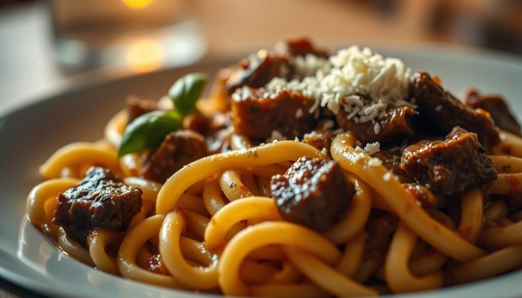A delectable plate of creamy beef pasta with tender chunks of seared beef, perfectly al dente penne noodles, and a rich, velvety sauce infused with fragrant herbs and spices. The dish is bathed in warm, diffused lighting, creating a cozy, inviting atmosphere. The foreground features the steaming pasta, with the beef pieces glistening and the sauce dripping temptingly. In the middle ground, a sprinkle of freshly grated Parmesan cheese and a sprig of basil add a finishing touch of color and texture. The background is softly blurred, allowing the focus to remain on the mouthwatering pasta creation. This image captures the comforting and indulgent nature of the "Creamy Beef Pasta with Cream Cheese" dish.