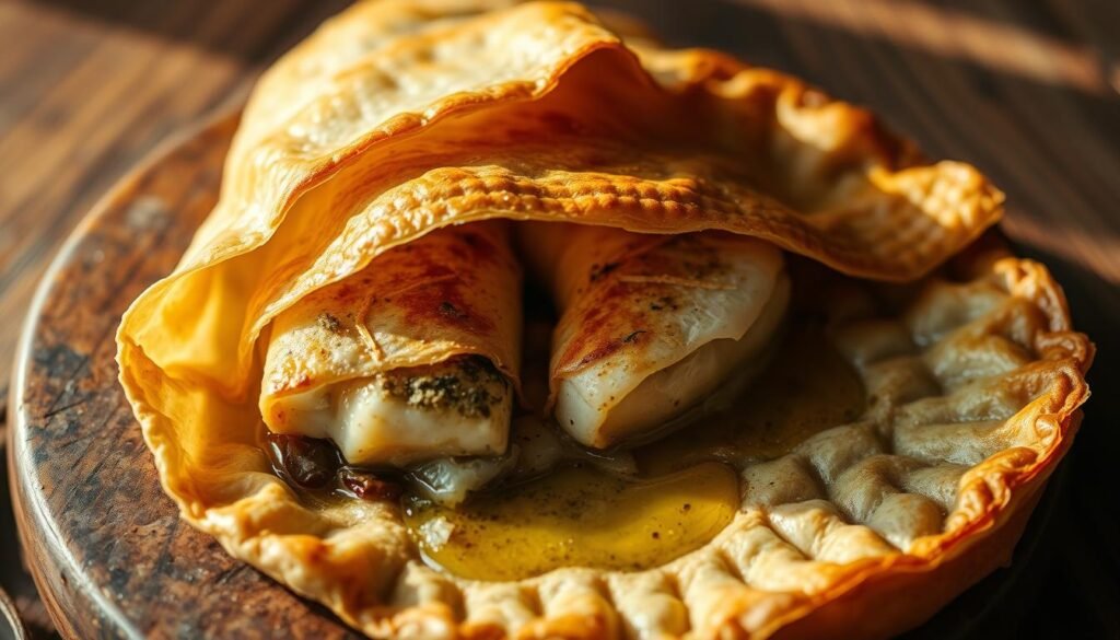 A golden-brown filo pastry parcel sits on a rustic wooden table, its crisp, flaky layers gently revealing tender baked fish fillets nestled within. Warm, aromatic herbs and spices infuse the dish, while a drizzle of olive oil glistens on the surface, hinting at the inviting crispiness to come. Soft natural lighting casts subtle shadows, accentuating the textural contrast between the delicate filo and the succulent seafood. The composition is both visually appealing and evocative of the comforting flavors and satisfying textures that await the diner, perfectly capturing the essence of "Achieving the Perfect Crispiness".