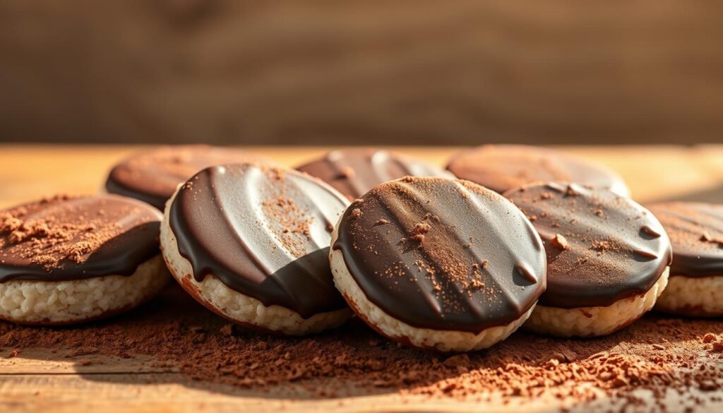 A mouthwatering assortment of low-calorie chocolate rice cakes sits atop a rustic wooden surface, bathed in warm, natural lighting. The dark, glossy chocolate coating glistens, contrasting with the light, fluffy texture of the rice cakes. A delicate dusting of cocoa powder adds depth and richness to the scene. Carefully arranged, the treats are framed by a minimalist background, allowing the chocolatey goodness to take center stage. The overall composition evokes a sense of indulgence and satisfaction, reflecting the perfect balance of flavor and health in these delectable snacks.