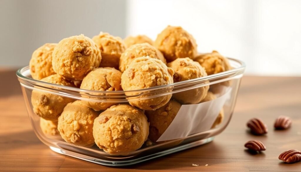 A neatly arranged display of delectable gluten-free pecan pie balls, nestled within a transparent glass container on a wooden surface. Soft, golden-brown balls with a delicate, crumbly texture, capturing the essence of a classic pecan pie. Diffused natural lighting casts a warm, inviting glow, highlighting the rich, buttery hue of the pastry. The glass container showcases the treats, allowing their enticing appearance to take center stage. In the background, a minimalist setting with a neutral color palette complements the simplicity of the display, ensuring the focus remains on the tempting pecan pie balls and their storage tips.