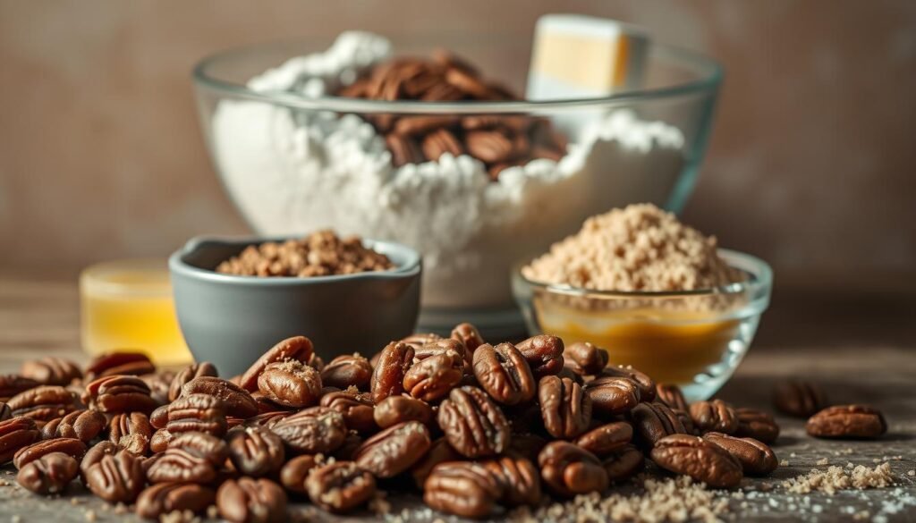 A neatly arranged still life of the essential ingredients for homemade pecan pie balls. In the foreground, a pile of pecan halves, their warm, toasted hues contrasting with the rich, brown sugar. Beside them, a small bowl of melted butter, its golden sheen glistening in the soft, natural lighting. In the middle ground, a measuring cup filled with dark brown, muscovado sugar, its coarse texture begging to be incorporated. Behind, a mixing bowl overflows with all-purpose flour, its powdery whiteness a blank canvas waiting to be transformed. The composition is framed by a muted, earthy backdrop, allowing the ingredients to take center stage and evoke the comforting, homemade essence of pecan pie balls.