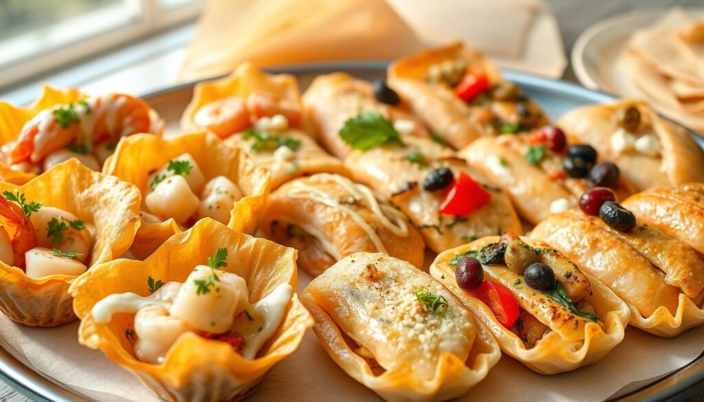 A platter of delectable seafood filo pastry variations, elegantly presented against a backdrop of natural light and soft textures. In the foreground, golden-brown filo shells brimming with succulent shrimp, tender scallops, and flavorful crab meat, adorned with vibrant herbs and a drizzle of creamy sauce. The middle ground showcases a variety of filo-wrapped fish fillets, each with a unique filling and presentation, ranging from spinach and feta to roasted red peppers and olives. In the background, a subtle pattern of filo dough sheets, hinting at the versatility of this delicate pastry. The overall scene conveys a sense of culinary artistry and the perfect balance of flavors, inviting the viewer to savor these mouthwatering seafood filo pastry creations.