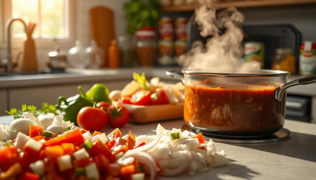 A pristine kitchen counter, bathed in warm, natural light, plays host to the step-by-step preparation of a delectable taco soup. In the foreground, freshly chopped onions, bell peppers, and tomatoes await their culinary destiny. The middle ground showcases a simmering pot, steam gently rising, as flavorful spices and herbs are carefully added. In the background, a well-stocked pantry provides the essential ingredients - canned beans, corn, and broth - to complete this comforting dish. The overall scene emanates a welcoming, homey atmosphere, inviting the viewer to step into the kitchen and join in the taco soup-making experience.