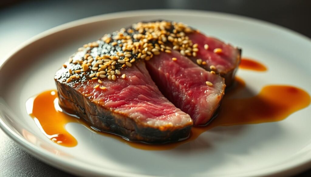 A seared tuna steak glistens under a warm spotlight, its surface dotted with a generous sprinkling of toasted sesame seeds. The fish's center is a vibrant pink, perfectly cooked to medium-rare. The steak is plated on a sleek, modern dish, its simple design allowing the star ingredient to shine. Surrounding the tuna is a drizzle of rich, savory sauce, its flavors hinting at the umami-packed Japanese influences. The scene is crisp and clean, capturing the essence of a dish that is both visually striking and deeply satisfying to the palate.