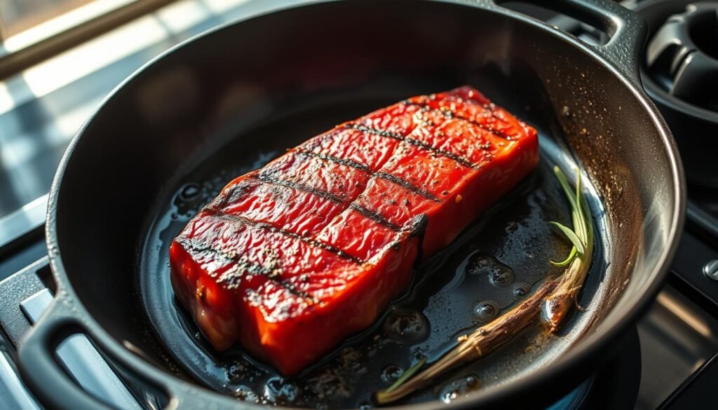 A seared tuna steak sizzling in a cast-iron skillet, fresh from the stove. The fish's deep crimson flesh glistens with a caramelized crust, a result of high-heat cooking. Aromatic herbs and spices, perhaps rosemary and black pepper, accent the pan. The skillet's matte black surface casts dramatic shadows, highlighting the tuna's meaty texture. Natural light streams in, casting a warm glow and creating a chiaroscuro effect. The scene conveys the techniques of mastering seared tuna: bold flavors, precise cooking, and an artful presentation.