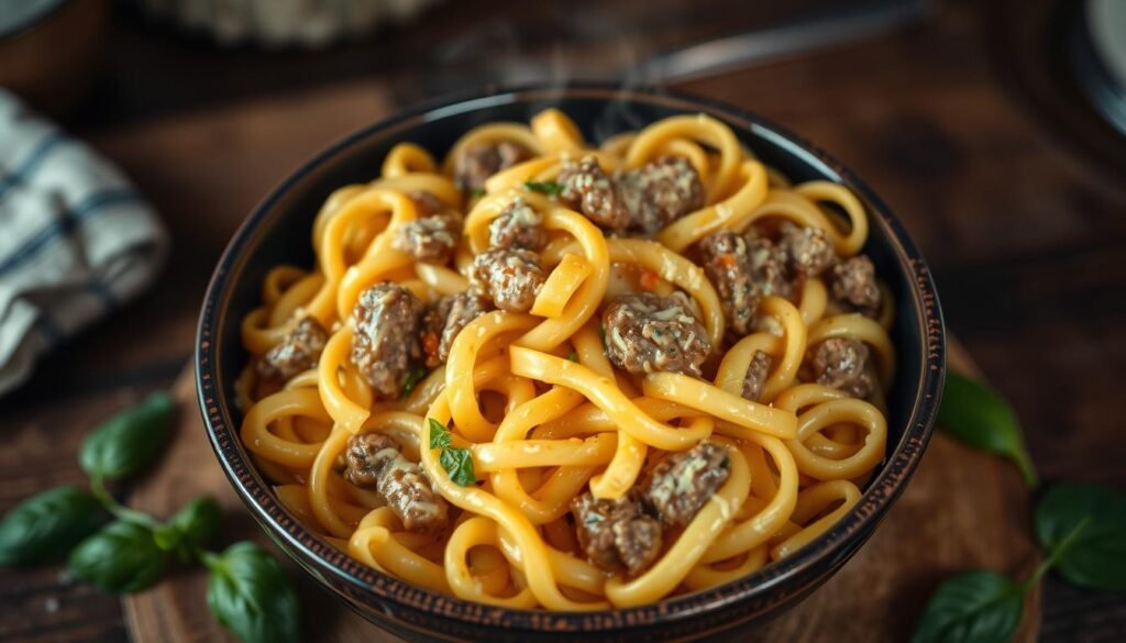 A steaming bowl of homemade creamy beef pasta, its rich sauce glistening under the warm kitchen lighting. The pasta is perfectly al dente, each ribbon coated in a velvety, cheese-infused sauce. Tender beef chunks are nestled throughout, complementing the creaminess. The scene is set against a backdrop of a rustic wooden table, with a few fresh basil leaves scattered around the bowl, adding a touch of vibrant green. The overall mood is one of comfort and heartiness, inviting the viewer to dive in and savor every bite of this easy, weeknight-friendly meal.