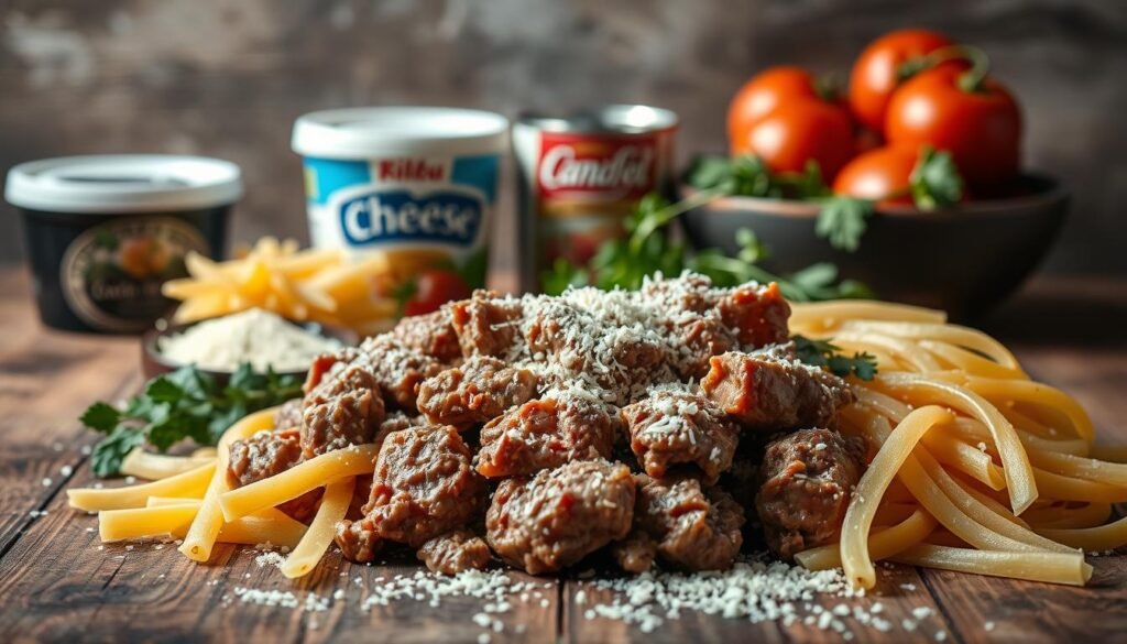 A still life composition capturing the key ingredients for a creamy beef pasta dish. Arranged on a rustic wooden surface, the foreground features freshly cooked pasta, tender beef chunks, and grated parmesan cheese. In the middle ground, a tub of cream cheese, a can of diced tomatoes, and a bundle of fresh herbs create a sense of depth. The background is softly lit, with shadows and highlights adding depth and dimension to the scene. The overall mood is inviting and appetizing, highlighting the essential components of this easy weeknight meal.